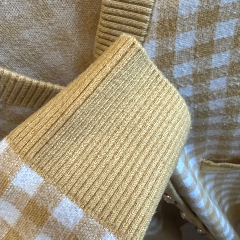 Joie Yellow and Cream Gingham V-Neck Cardigan Gold Lion Button Sweater Womens XS - Picture 7 of 8